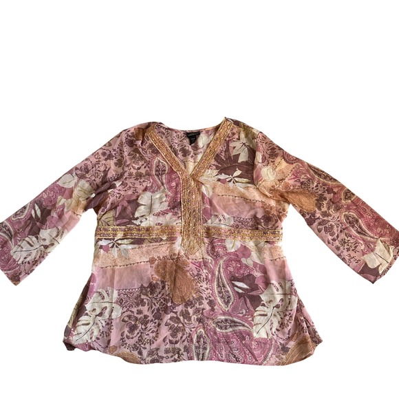 Y2K Lane Bryant Beaded Floral‎ Blouse Plus Size Womens 26/28 Metallic Ibiza Boho - Picture 1 of 6